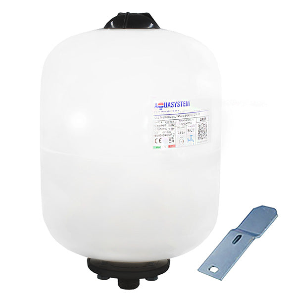 An Aquasystem 8 Litre 3.5 Bar Expansion Vessel with Bracket, predominantly white in color with a flange connection at the bottom.